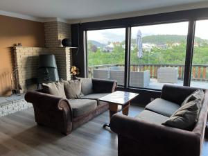 弗莱克菲尤尔Feriehus i Flekkefjord med panoramautsikt的客厅设有两张沙发和一个壁炉