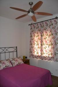 安度亚尔Alojamiento Rural Dehesa La Estancia的一间卧室配有紫色的床和吊扇
