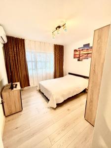 苏利纳Apartment modern in Sulina的一间卧室设有一张床和一个大窗户