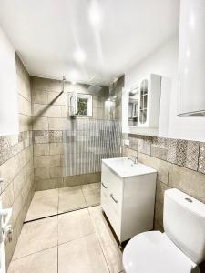 苏利纳Apartment modern in Sulina的一间带卫生间和水槽的浴室