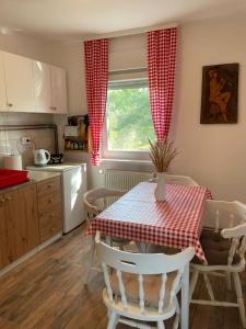 SotinKuća za odmor Fjaka的厨房配有一张带红白桌布的桌子