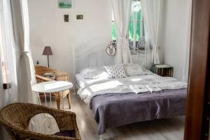 卡西纳维耶卡Apartamenty Stacja Kasina的卧室配有1张床、1张桌子和1把椅子