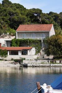 古维达里Apartments by the sea Pomena, Mljet - 10426的水面上的房子,前面有船