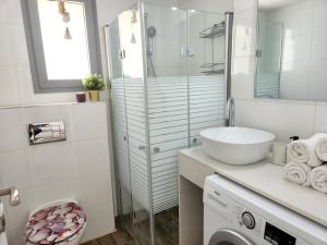 埃拉特Melony Apartments Yam Suf Street的一间带水槽和玻璃淋浴的浴室