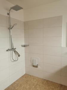 奥斯特西巴德钦诺维茨Hafenkoje Anita的浴室铺有白色瓷砖,设有淋浴。