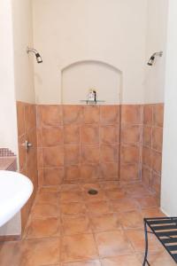 布伦海姆安特日亚精品旅舍的带淋浴的浴室,铺有瓷砖地板。