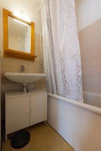 雷阿隆Appartement Chabrières的一间带水槽和淋浴帘的浴室