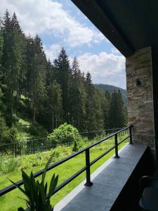 ProgledGORA уютна планинска къща до ски зона Пампорово的享有森林美景的阳台