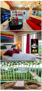 大雅台The Red Keep Condotel Tagaytay Cityland Prime Residences with 55in 4k TV & Netflix的卧室两张图片,卧室配有一张床和一个阳台