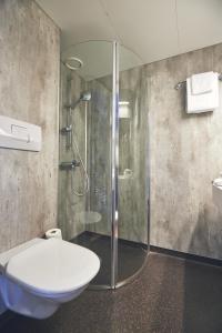 Sistranda芙罗亚酒店的一间带玻璃淋浴和卫生间的浴室
