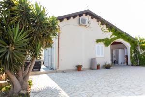波托帕洛Casale Carratois - casa vacanze - Marzameni - Noto的前面有棕榈树的白色房子