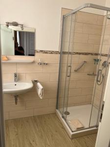 科赫姆Altstadt Hotel Cochem的一间带水槽和淋浴的浴室