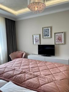 多纳瓦利Apartmány Residence的一间卧室配有一张大床和一台平面电视