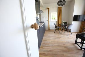 圣尼古拉斯哈Recreatieappartement BoerdeRijlst - De Winkel的厨房和用餐室,铺有木地板