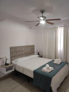Parque HolandesCasa Guira - Fuerteventura的一间卧室配有一张床和吊扇
