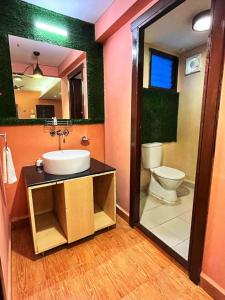 比纳里姆Beira Mar Beach Resort的一间带水槽、卫生间和镜子的浴室