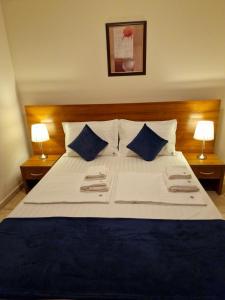 托波拉HC Apartments Kaliakria的一间卧室配有一张带蓝白色枕头的大床
