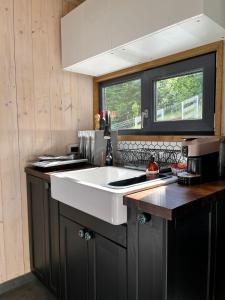 泽尔内什蒂Bramble Tiny House的厨房配有白色水槽和窗户