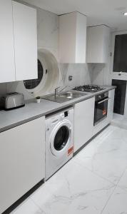 伦敦Stunning 2 bedroom apartment in Canary Wharf - Morland Apartments的厨房配有洗衣机和水槽