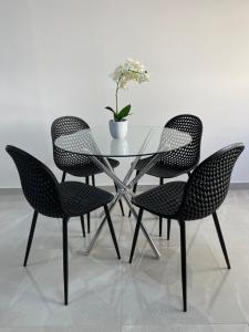 埃尔哥茨拉Seaside Apartment in Gzira的一张带四把椅子的玻璃桌和盆栽植物