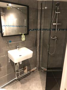 巴黎Hotel Geoffroy Marie Opéra的浴室配有盥洗盆和带镜子的淋浴