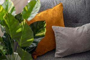 霍克斯黑德Pickle Pot Loft- 2 bedroom apartment in Hawkshead的一张带两个枕头的沙发,一个植物
