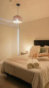 利马Chic Executive Apartment-Barranco的一间卧室配有一张大床和毛巾