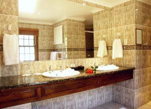 奥茨胡恩Altes Landhaus Country Lodge的一间带两个盥洗盆和大镜子的浴室