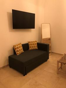 巴里Casa di zia Pupetta的客厅设有一张黑色沙发,配有平面电视。