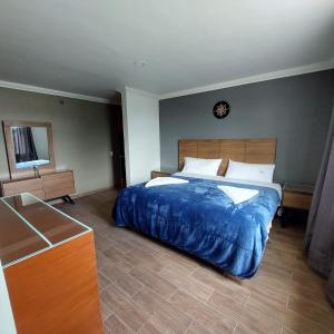 托卢卡Hotel Santino的一间卧室配有一张带蓝色毯子的大床