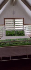 萨武萨武Gingerbread Cottage and Studio Fiji的一张配有绿色床单和枕头的大床