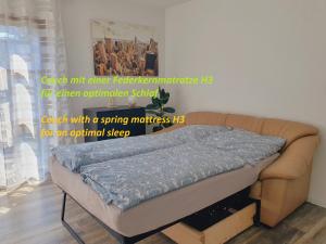 帕德博恩City Apartment, 27 qm, 2 Personen, high Sp WLAN的一张位于一个沙发上的床,床上配有弹簧床垫