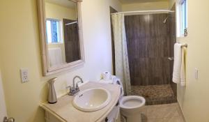 罗萨里托De Alamo hostel的一间带水槽、卫生间和淋浴的浴室
