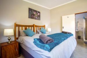 莱登堡Rivendell Trout Estate的一间卧室配有一张带蓝色毯子的床