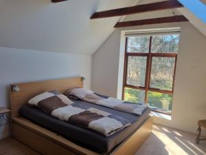 腓特烈港Elling Bed & Breakfast的一张位于带大窗户的房间内的床铺