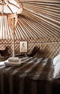 Penne-dʼAgenaisLe Relais de Roquefereau的配有圆顶帐篷、床和灯的房间