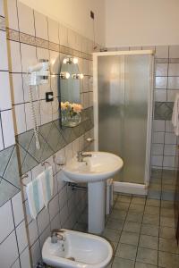 Lariano奈斯波罗多罗酒店的一间带水槽、淋浴和卫生间的浴室