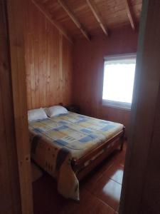 里坎雷Cabaña Los Maquis的木制客房的一张床位,设有窗户