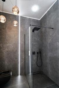 比斯特里察Studio Carolyne Bistrita的带淋浴、卫生间和灯的浴室