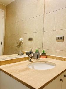 圣地亚哥Alta Vista Las Condes的浴室的柜台设有水槽和镜子