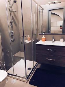 贝内文托Modern city center apartment的带淋浴、卫生间和盥洗盆的浴室