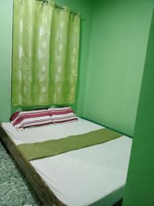 BatuanBARRIL GREEN HOMESTAY的绿窗帘间的一张床位
