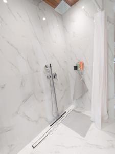 Villaggio TedeschiLa Casa的一间设有白色大理石墙壁和淋浴的浴室