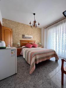 萨各夫雷纳Pensión Mari Carmen的一间卧室配有一张带红色枕头的床和一台冰箱