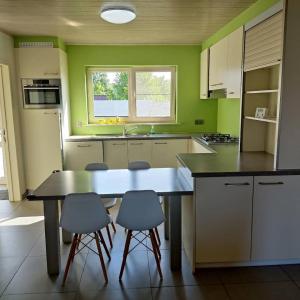 洛克伦Vakantiewoning Op Den Briel的厨房设有绿色的墙壁和桌椅