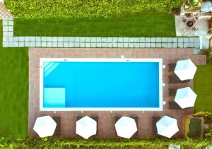 卡莱维斯Koulouris Apartments & Studios的享有庭院游泳池的顶部景色