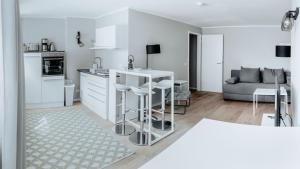 明斯特2-Zimmer City Apartment 57m² mit King Size Bett und Küche的白色的厨房配有柜台和沙发