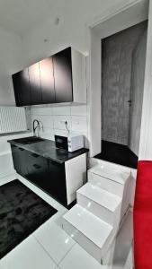 韦切什Airport Luxury Apartman 42的厨房配有白色和黑色的橱柜和红色的沙发