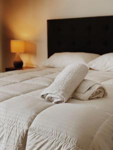 孔斯蒂图西翁La casona Talpen的两张带白色床单和毛巾的床