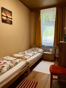 SchottwienPalma Apartment的带窗户的客房内的两张床